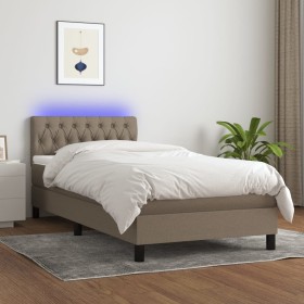 Cama box spring colchón y luces LED tela gris taupe 90x190 cm