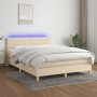 Cama box spring colchón y luces LED tela crema 140x190 cm