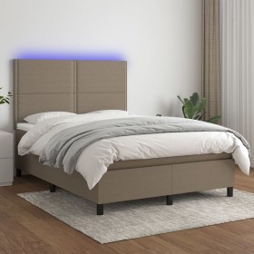 Cama box spring colchón y luces LED tela gris taupe 140x190 cm