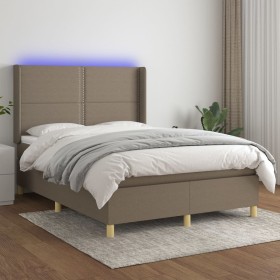 Cama box spring colchón y luces LED tela gris taupe 140x190 cm