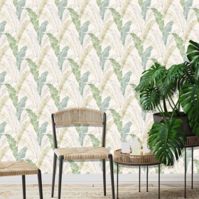 DUTCH WALLCOVERINGS Papel pintado hojas tropicales gris y verde