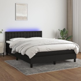 Cama box spring colchón y luces LED tela negro 140x190 cm