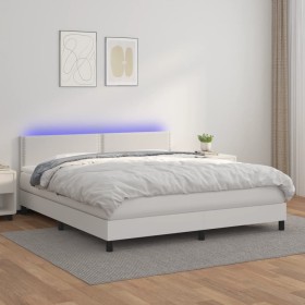 Cama box spring colchón y LED cuero sintético blanco 180x200 cm