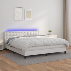 Cama box spring colchón y LED cuero sintético blanco 160x200 cm