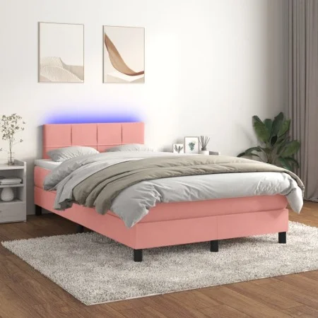 Box spring bed with mattress and LED pink velvet 120x200 cm by vidaXL, Beds and slatted bases - Ref: Foro24-3134398, Price: 3...