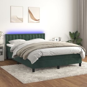 Cama box spring colchón y LED terciopelo verde oscuro 140x200cm