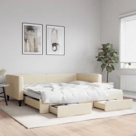 Trundle sofa bed with drawers cream fabric 100x200 cm by vidaXL, Beds and slatted bases - Ref: Foro24-3196623, Price: 296,27 ...