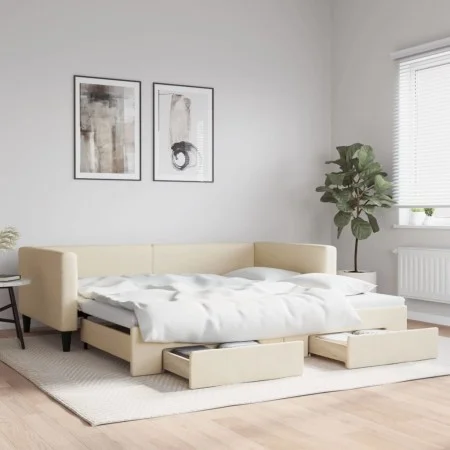 Trundle sofa bed with drawers cream fabric 100x200 cm by vidaXL, Beds and slatted bases - Ref: Foro24-3196623, Price: 296,27 ...