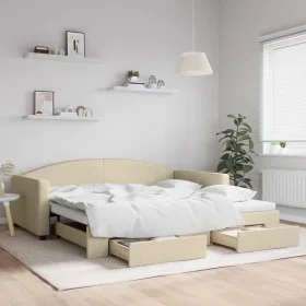 Trundle sofa bed with drawers cream fabric 100x200 cm by vidaXL, Beds and slatted bases - Ref: Foro24-3197233, Price: 303,58 ...