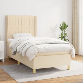 Cama box spring con colchón tela color crema 90x200 cm