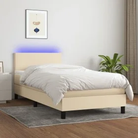 Box spring bed with mattress and LED cream fabric 90x200 cm by vidaXL, Beds and slatted bases - Ref: Foro24-3132970, Price: 2...