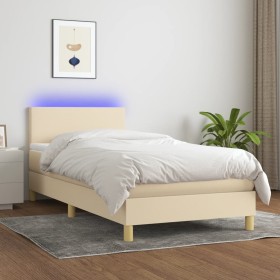 Cama box spring colchón y luces LED tela crema 90x200 cm