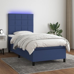 Cama box spring colchón y luces LED tela azul 90x190 cm
