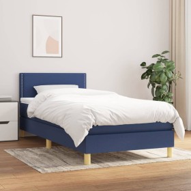 Cama box spring con colchón tela azul 90x190 cm