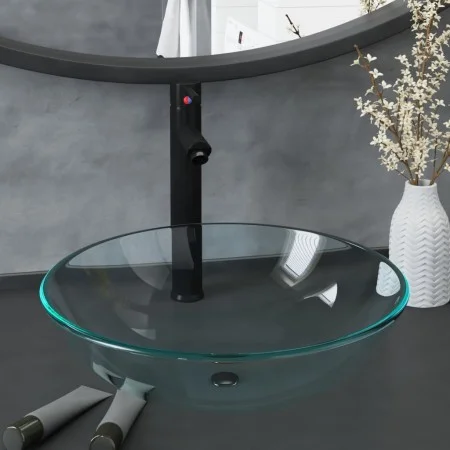 Washbasin with faucet and transparent tempered glass push-button stopper by vidaXL, Sinks - Ref: Foro24-3098440, Price: 88,69...