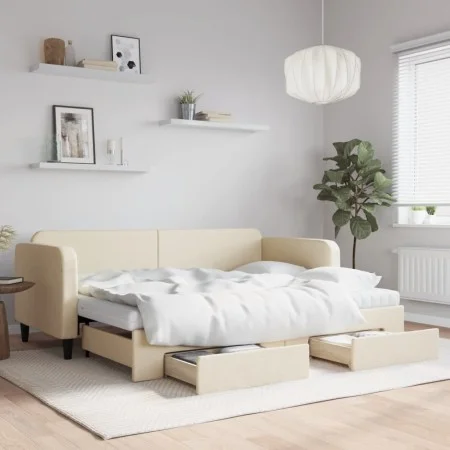 Trundle sofa bed with drawers cream fabric 80x200 cm by vidaXL, Beds and slatted bases - Ref: Foro24-3196869, Price: 448,17 €...
