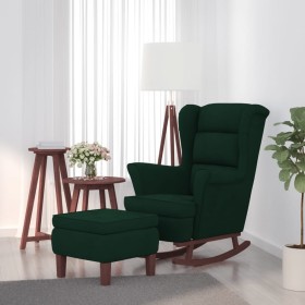 Sillón mecedora patas madera y taburete terciopelo verde oscuro