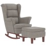 Sillón mecedora patas madera y taburete terciopelo gris claro