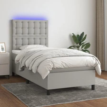 Box spring bed mattress and LED lights light gray fabric 100x200 cm by vidaXL, Beds and slatted bases - Ref: Foro24-3135173, ...