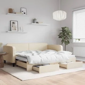 Trundle sofa bed with drawers cream fabric 90x200 cm by vidaXL, Beds and slatted bases - Ref: Foro24-3196856, Price: 287,87 €...