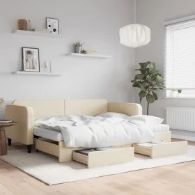 Trundle sofa bed with drawers cream fabric 90x200 cm by vidaXL, Beds and slatted bases - Ref: Foro24-3196874, Price: 477,33 €...