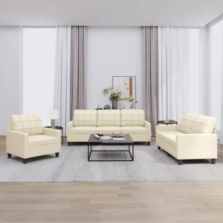 Cream synthetic leather 3-piece sofa set with cushions by vidaXL, Sofas - Ref: Foro24-3201339, Price: 588,02 €, Discount: %