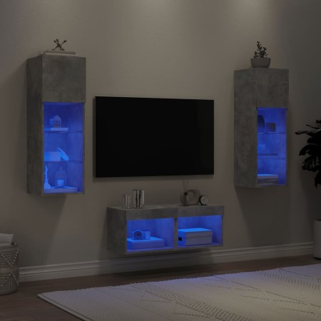 Muebles de TV de pared con luces LED 4 piezas gris hormigón