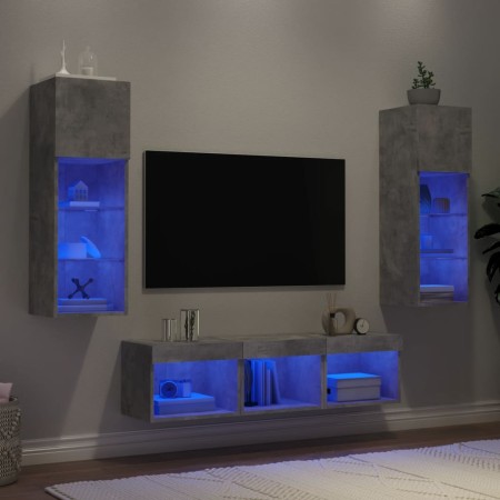 Muebles TV pared con LED 5 pzas madera ingeniería gris hormigón