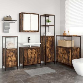 Juego de muebles de baño con puerta 5 pcs Roble ahumado y Negro