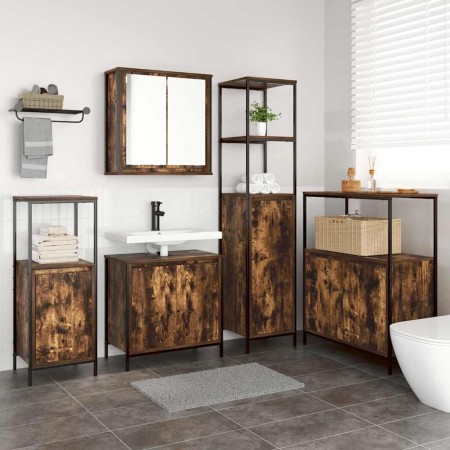 Juego de muebles de baño con puerta 5 pcs Roble ahumado y Negro