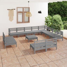 Juego de muebles de jardín 13 piezas madera maciza de pino gris