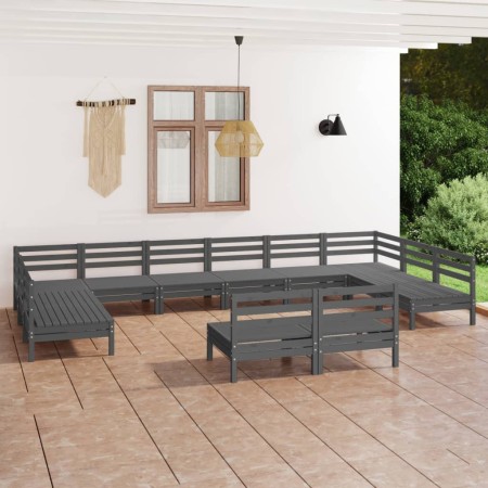 Juego de muebles de jardín 12 piezas madera maciza de pino gris
