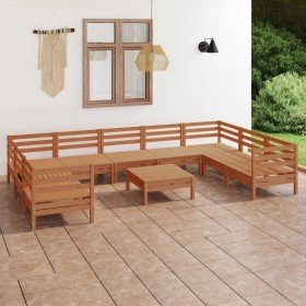 Juego muebles de jardín 10 pzas madera maciza pino marrón miel Juego muebles de jardín 10 pzas madera maciza pino marrón miel