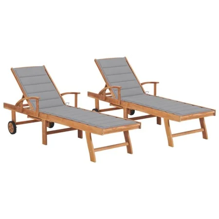 Sun loungers 2 units solid teak wood with gray cushion by vidaXL, Loungers - Ref: Foro24-3073187, Price: 572,17 €, Discount: %