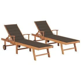 2 teak solid wood sun loungers with taupe gray cushions by vidaXL, Loungers - Ref: Foro24-3073194, Price: 583,56 €, Discount: %
