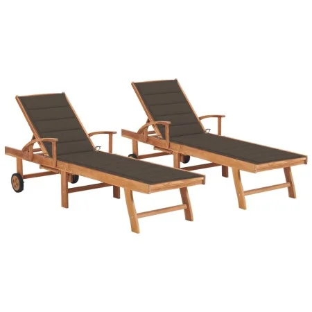 2 teak solid wood sun loungers with taupe gray cushions by vidaXL, Loungers - Ref: Foro24-3073194, Price: 583,60 €, Discount: %