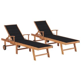 Sun loungers 2 units solid teak wood with black cushion by vidaXL, Loungers - Ref: Foro24-3073193, Price: 548,05 €, Discount: %