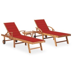 2 teak solid wood sun loungers with table and cushion by vidaXL, Loungers - Ref: Foro24-3073177, Price: 565,94 €, Discount: %