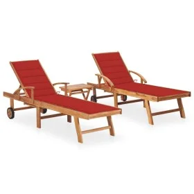 2 teak solid wood sun loungers with table and cushion by vidaXL, Loungers - Ref: Foro24-3073177, Price: 590,96 €, Discount: %