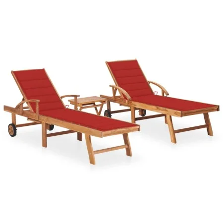 2 teak solid wood sun loungers with table and cushion by vidaXL, Loungers - Ref: Foro24-3073177, Price: 590,96 €, Discount: %