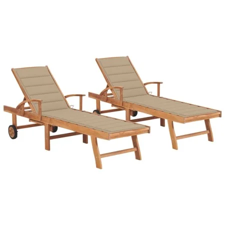 2 teak solid wood sun loungers with cream cushion by vidaXL, Loungers - Ref: Foro24-3073189, Price: 572,81 €, Discount: %