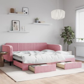 Sofá cama nido con cajones terciopelo rosa 100x200 cm