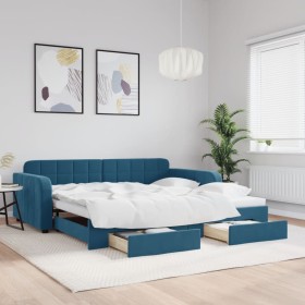 Trundle sofa bed with drawers blue velvet 100x200 cm by vidaXL, Beds and slatted bases - Ref: Foro24-3196983, Price: 303,92 €...