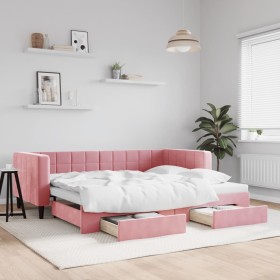 Sofá cama nido con cajones terciopelo rosa 90x200 cm