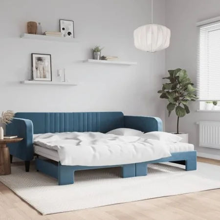 Trundle sofa bed with blue velvet mattress 100x200 cm by vidaXL, Beds and slatted bases - Ref: Foro24-3197093, Price: 427,59 ...