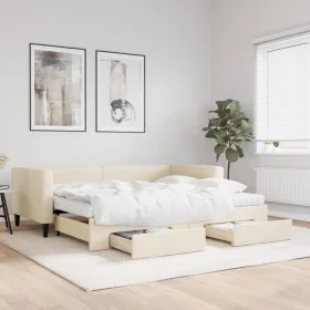 Trundle sofa bed with drawers cream fabric 90x200 cm by vidaXL, Beds and slatted bases - Ref: Foro24-3196636, Price: 477,49 €...