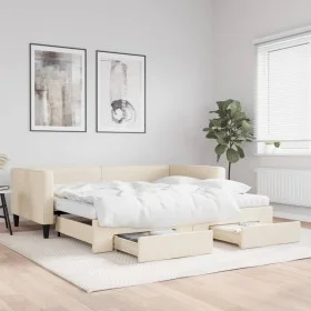 Trundle sofa bed with drawers cream fabric 100x200 cm by vidaXL, Beds and slatted bases - Ref: Foro24-3196641, Price: 467,31 ...