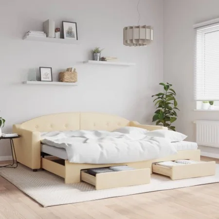 Trundle sofa bed with drawers cream fabric 90x200 cm by vidaXL, Beds and slatted bases - Ref: Foro24-3197588, Price: 477,84 €...