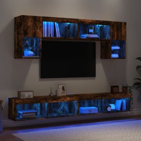 Muebles TV pared con LED 6 pzas madera ingeniería roble ahumado