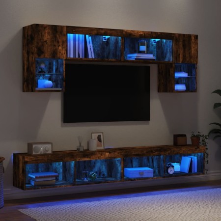 Muebles TV pared con LED 6 pzas madera ingeniería roble ahumado